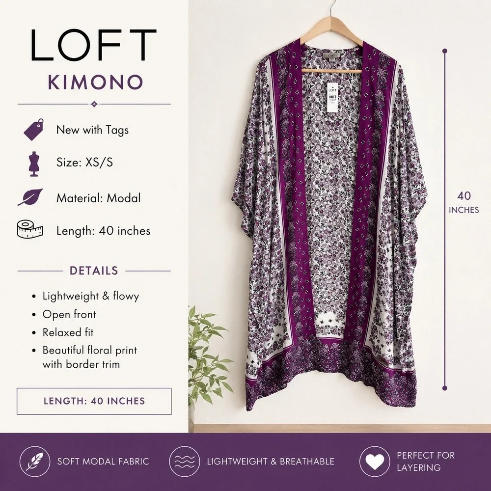 LOFT Kimono Wrap Women XS/S Purple Floral Modal New Open Front Shawl Coverup